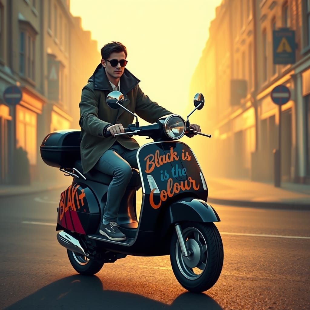 Mod wearing a parka on a mod scooter wrapped in "black is th...