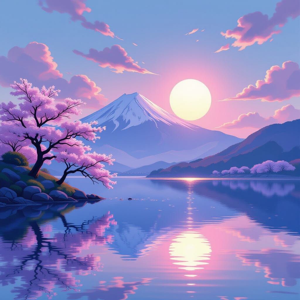 Sakura Trees Bloom on Lake, Digital Painting