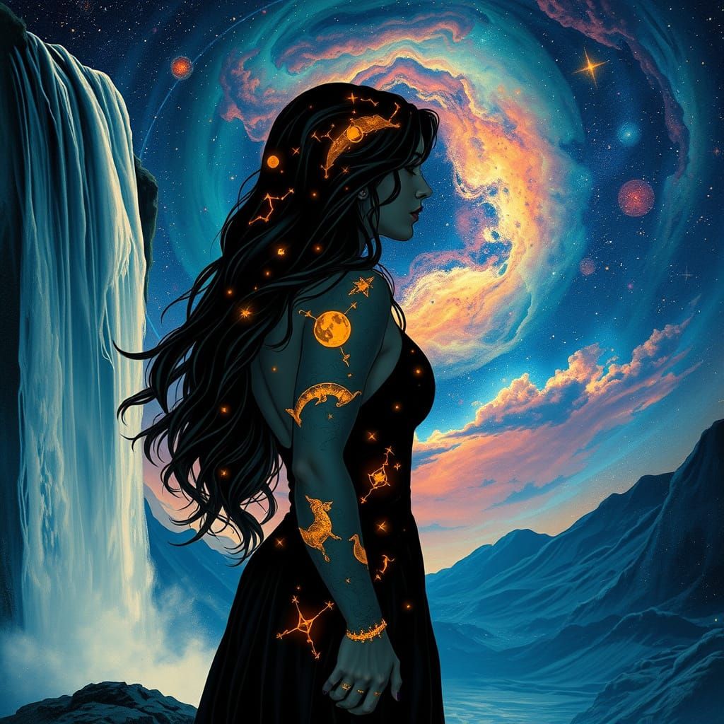 Cosmic Woman at Waterfall with Constellation Tattoos