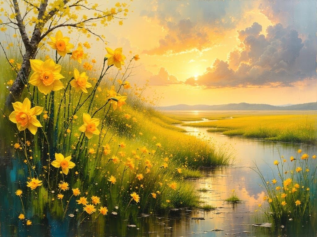 Daffodils at Sunset: Dark Oil Painting Style