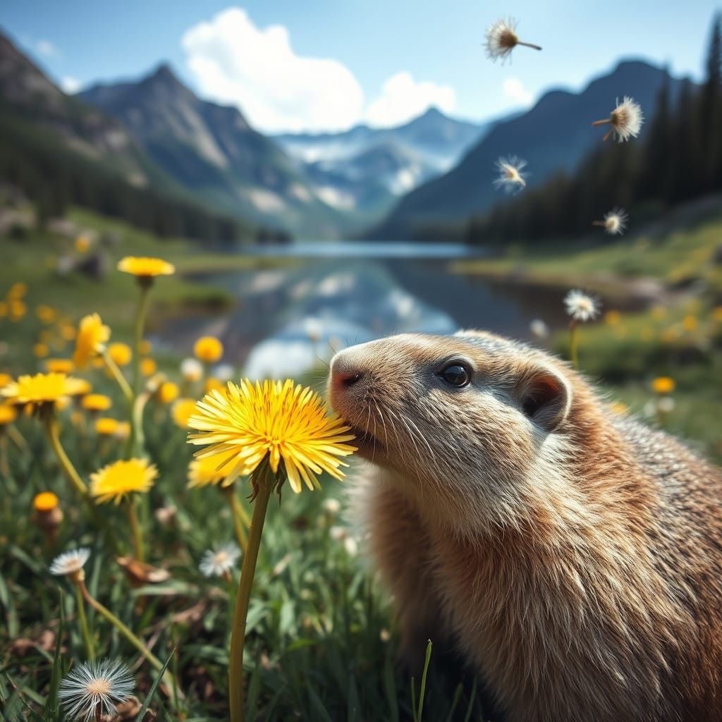 Mountain Lake with Dandelion Meadow and Groundhog
