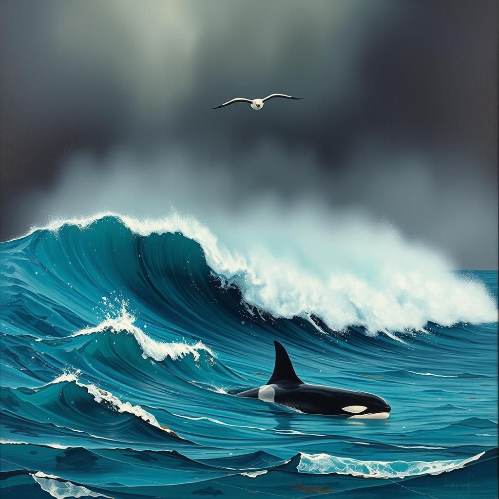 Albatross and Orca in Impasto Oil Painting Style