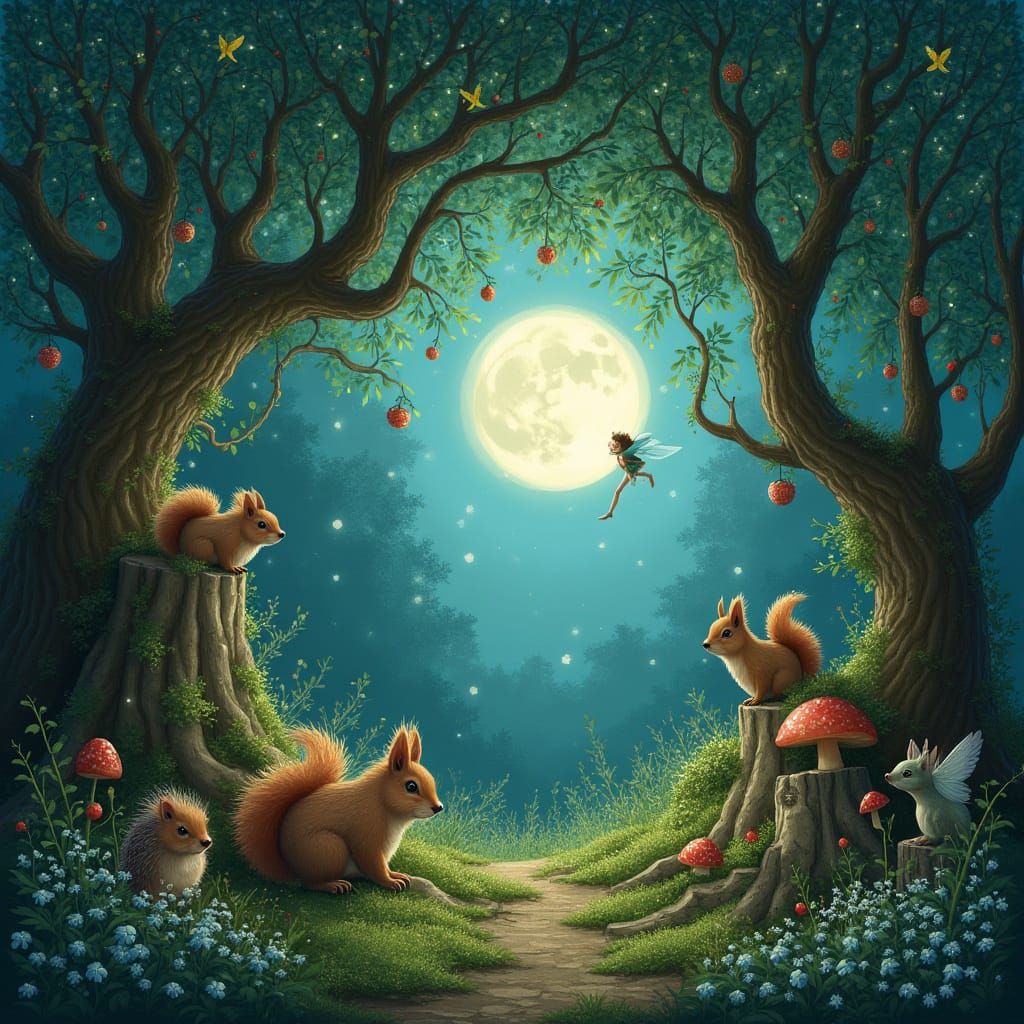 Whimsical Moonlit Woodland Scene in Vibrant Colors