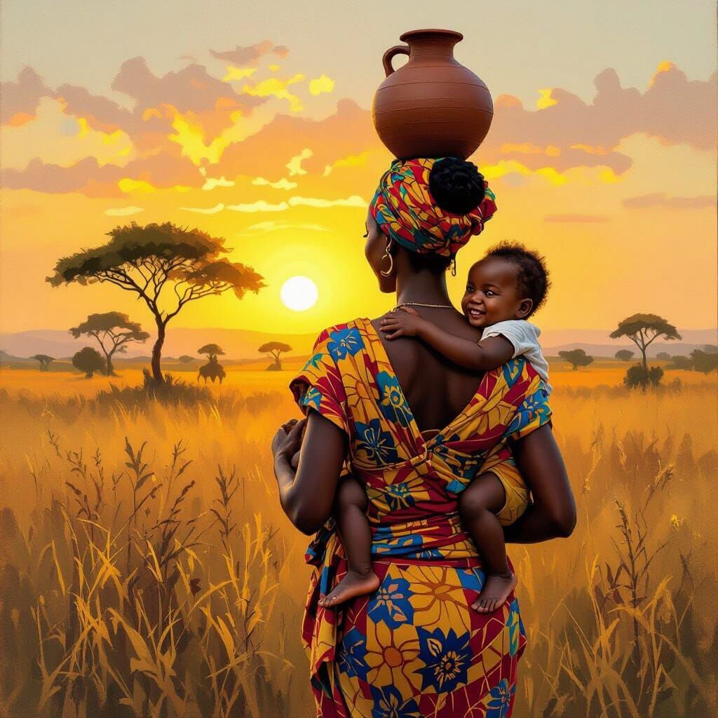 African Woman Carrying Baby and Pot in Savanna