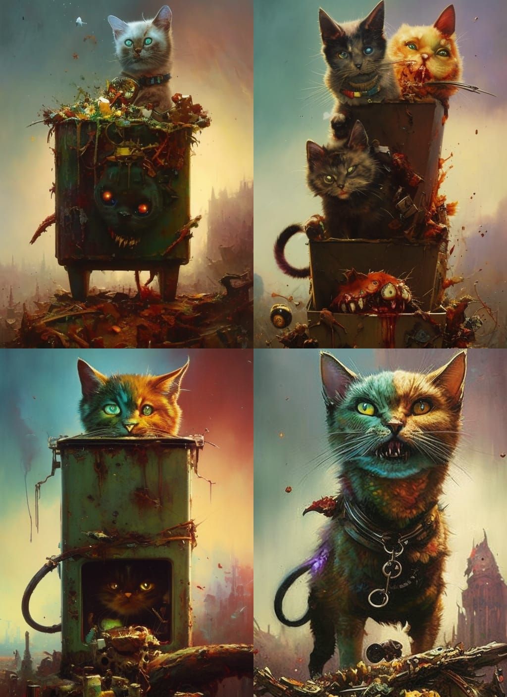 Zombie Cats Stuffing a Rotten Box: Crayon Caricature