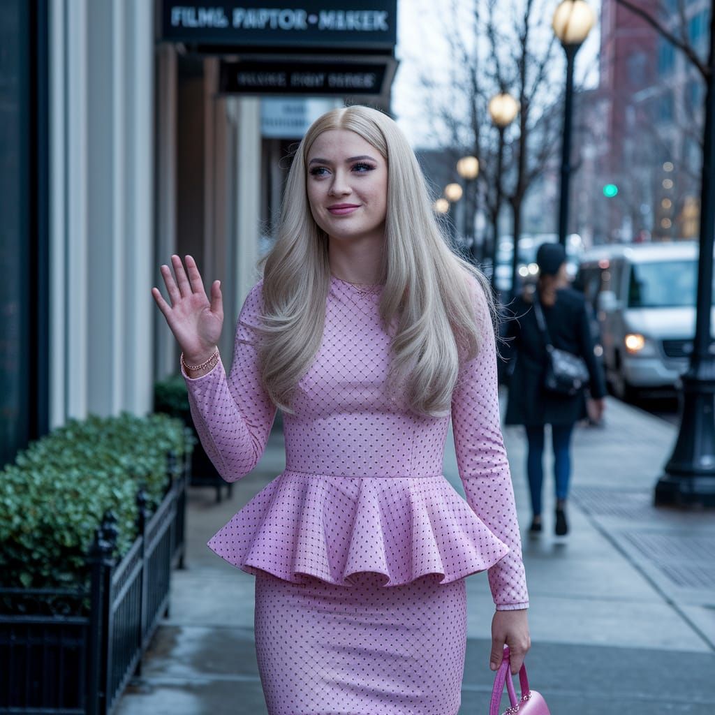 Young Man in Peplum Dress Waving on Sidewalk