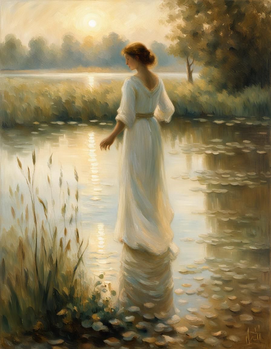 Woman at Lake in Jean-Francois Millet Style