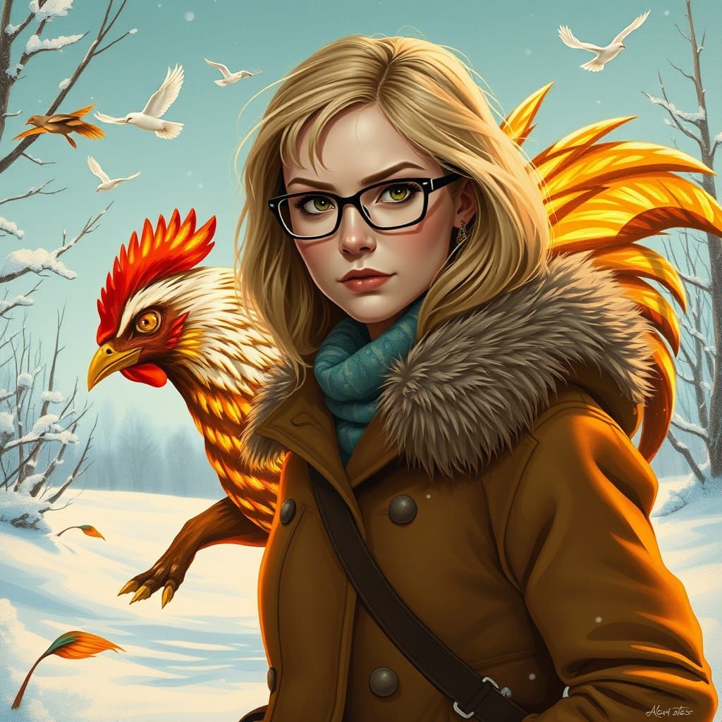 Determined Woman Stands in Frosty Winter Landscape with Muta...