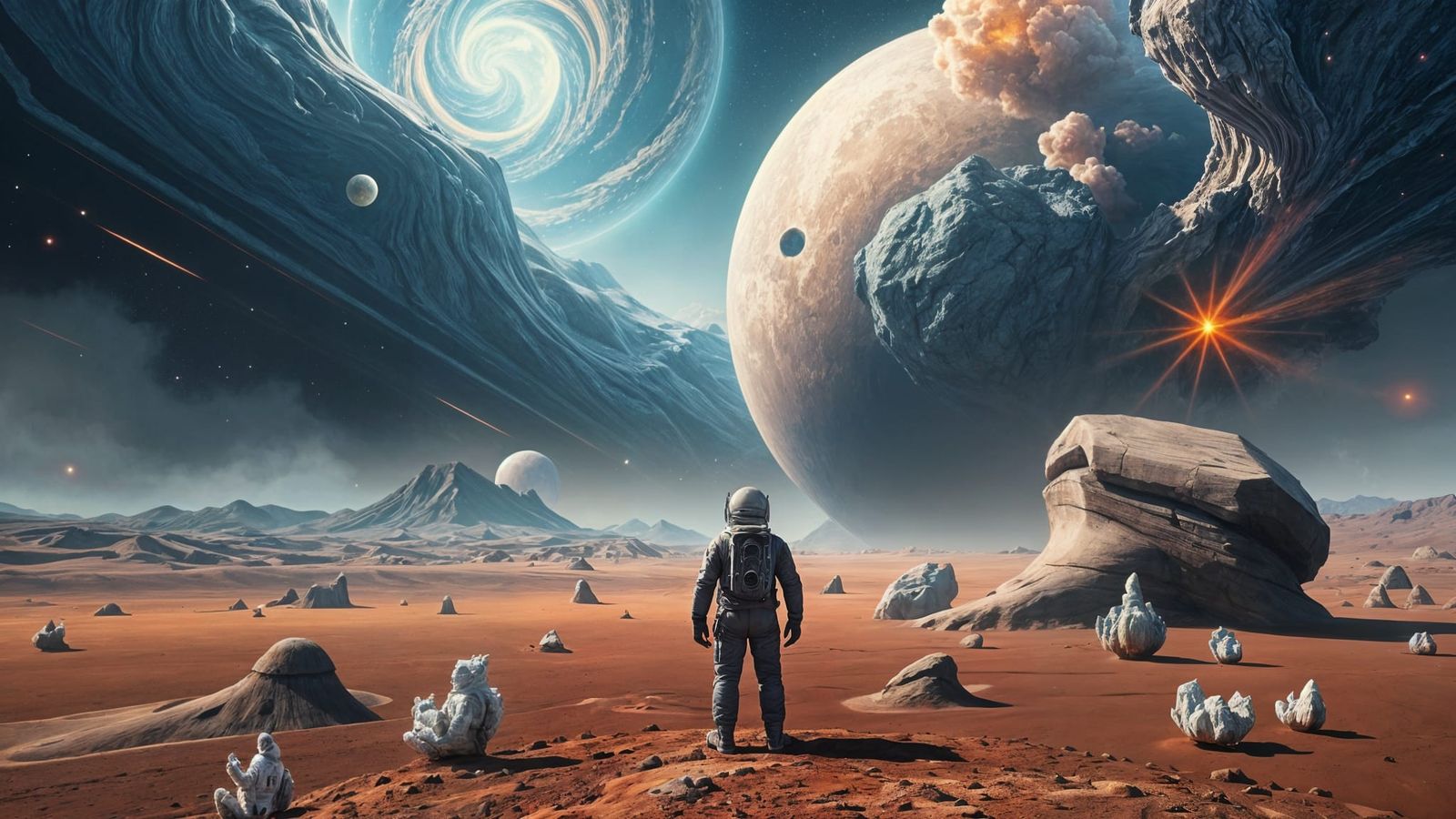 Astronaut Gazes at Cosmic Nebula on Alien Desert