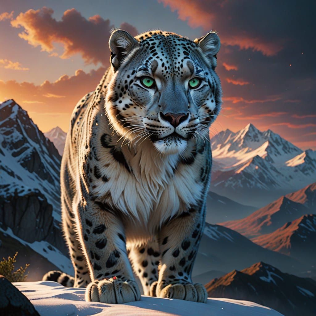 Majestic Snow Leopard on Mountain Peak Under Aurora Sky