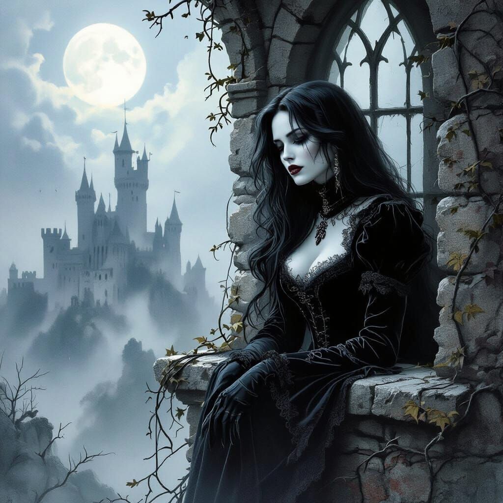 Gothic Vampire in Stormy Landscape, Dark Fantasy Art