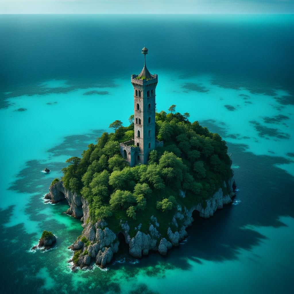 A dark creepy lonely forgotten tower at night overgrown by t...