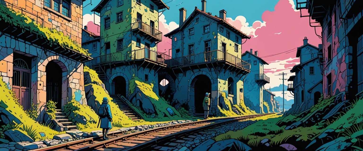 Abandoned Factories in Comic Book Style Watercolor