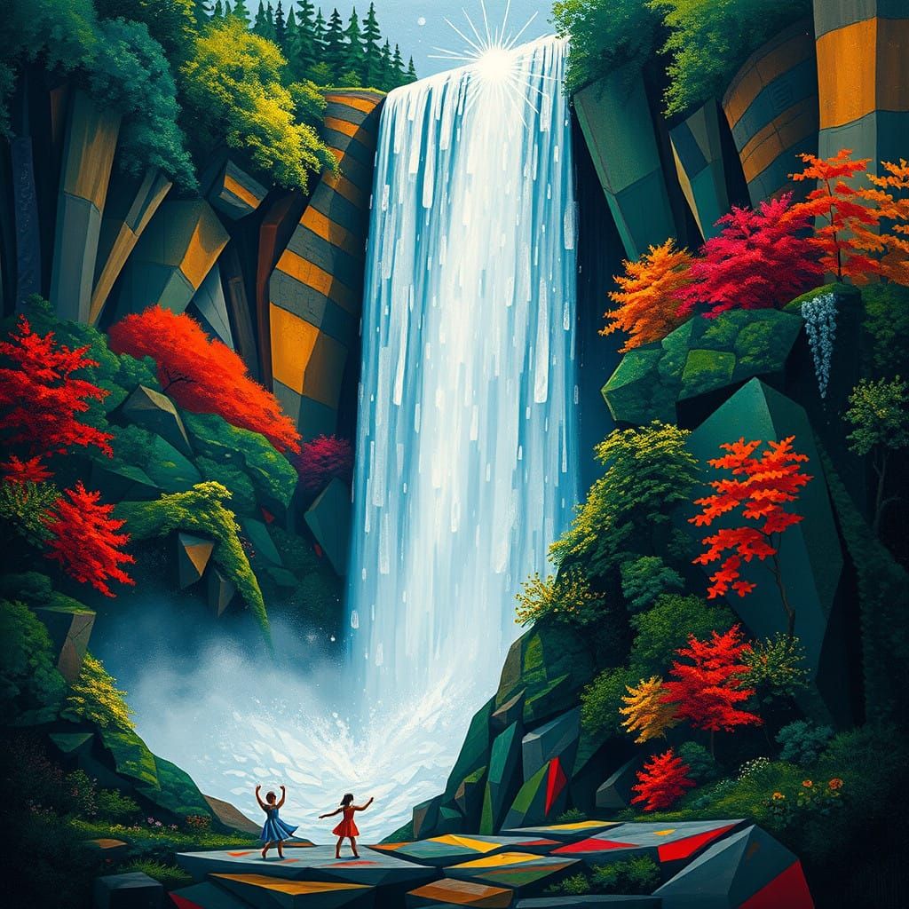 Colossal Waterfall in Vibrant Forest, Tiny Dancers Amidst Cu...