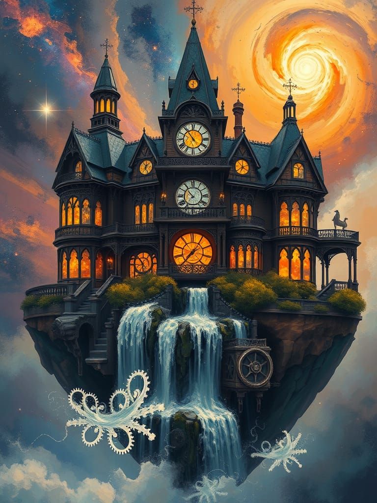Steampunk Victorian Mansion Floating in Nebula