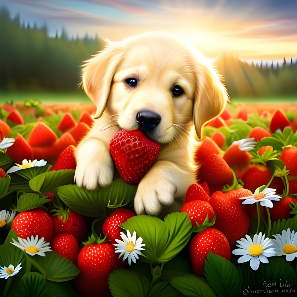 Golden Retriever Puppy's Strawberry Snack