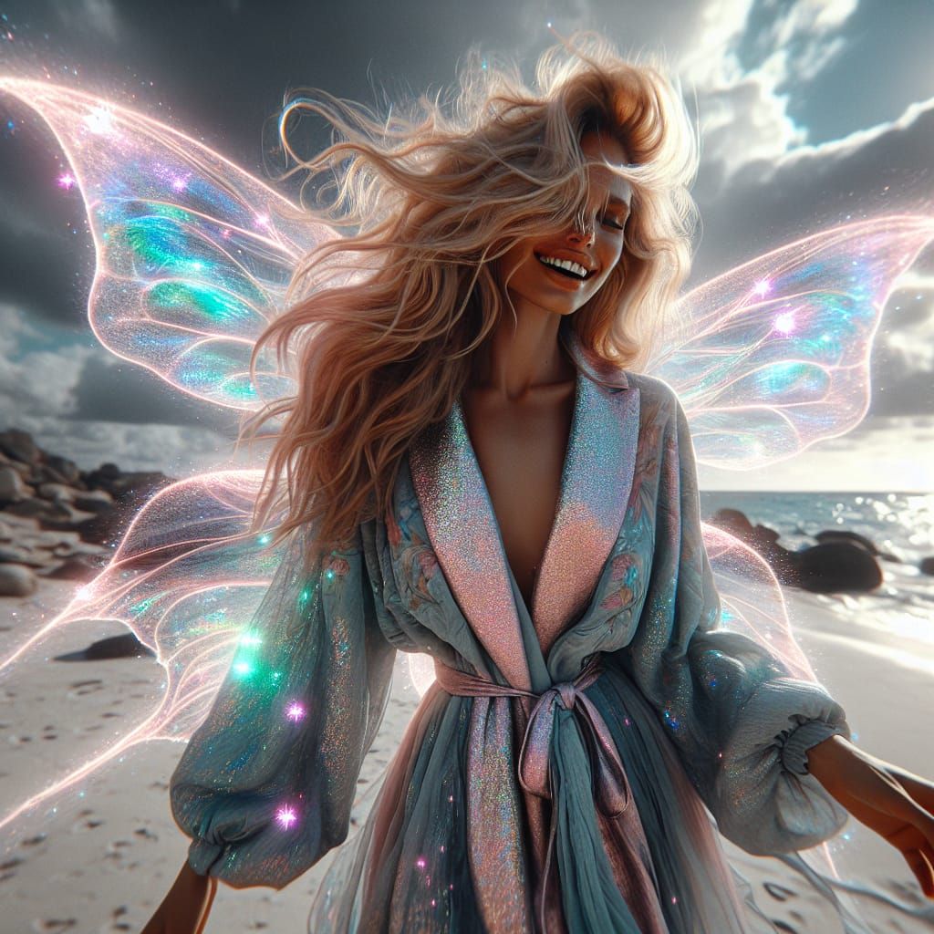 Fairy Woman with Iridescent Wings on Beach