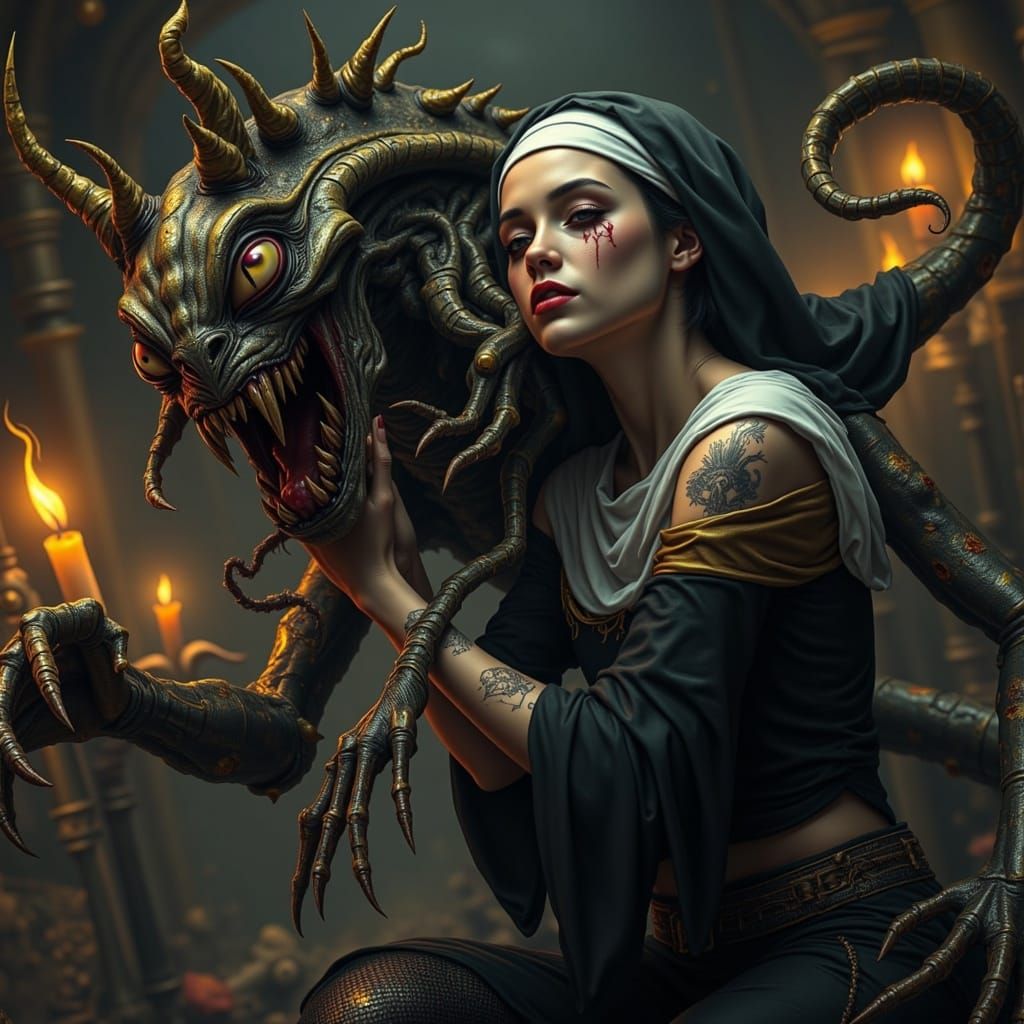 Surreal Sacripunk Nightmare: Voluptuous Nun Held by Twisted ...