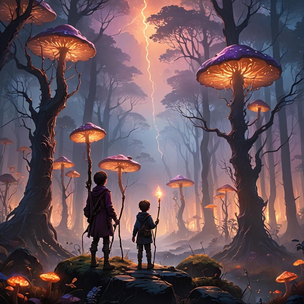 Boy with Glowing Staff in Misty Forest