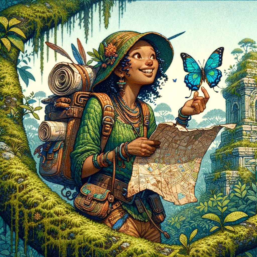 Bewildered Explorer with Butterfly in Watercolor Style