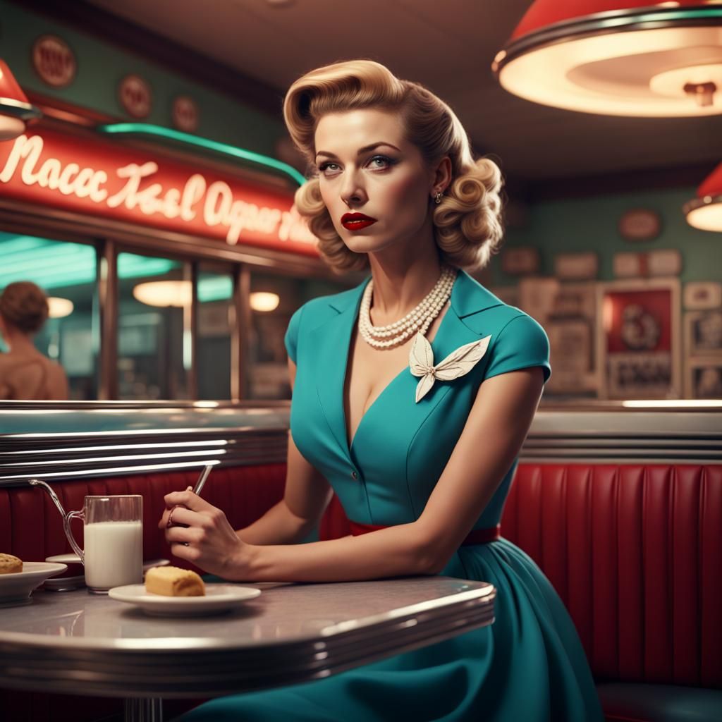 Stunning lady in a retro 50s dress in a diner