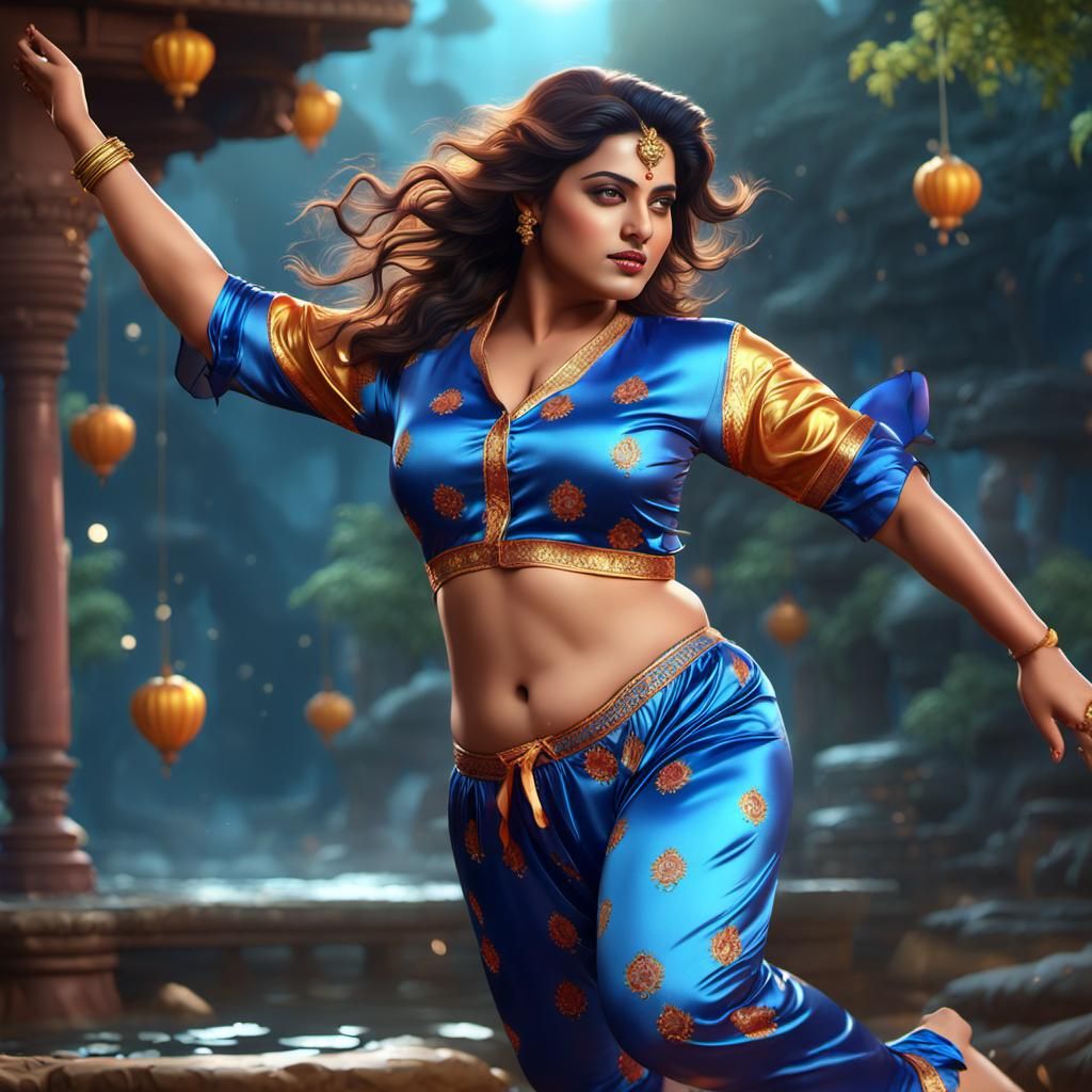 Curvy Indian Beauty in Satin Pajamas, Digital Art