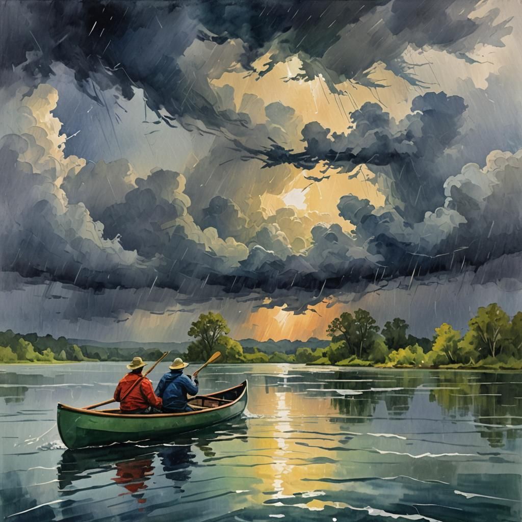 Canoeist Watches Storm in Gouache Impressionism
