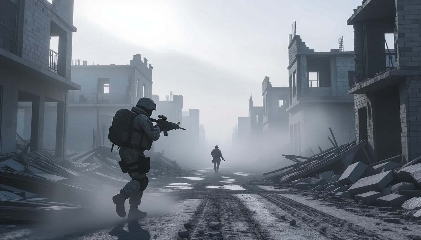 Soldier in Urban Camouflage in Ruined City
