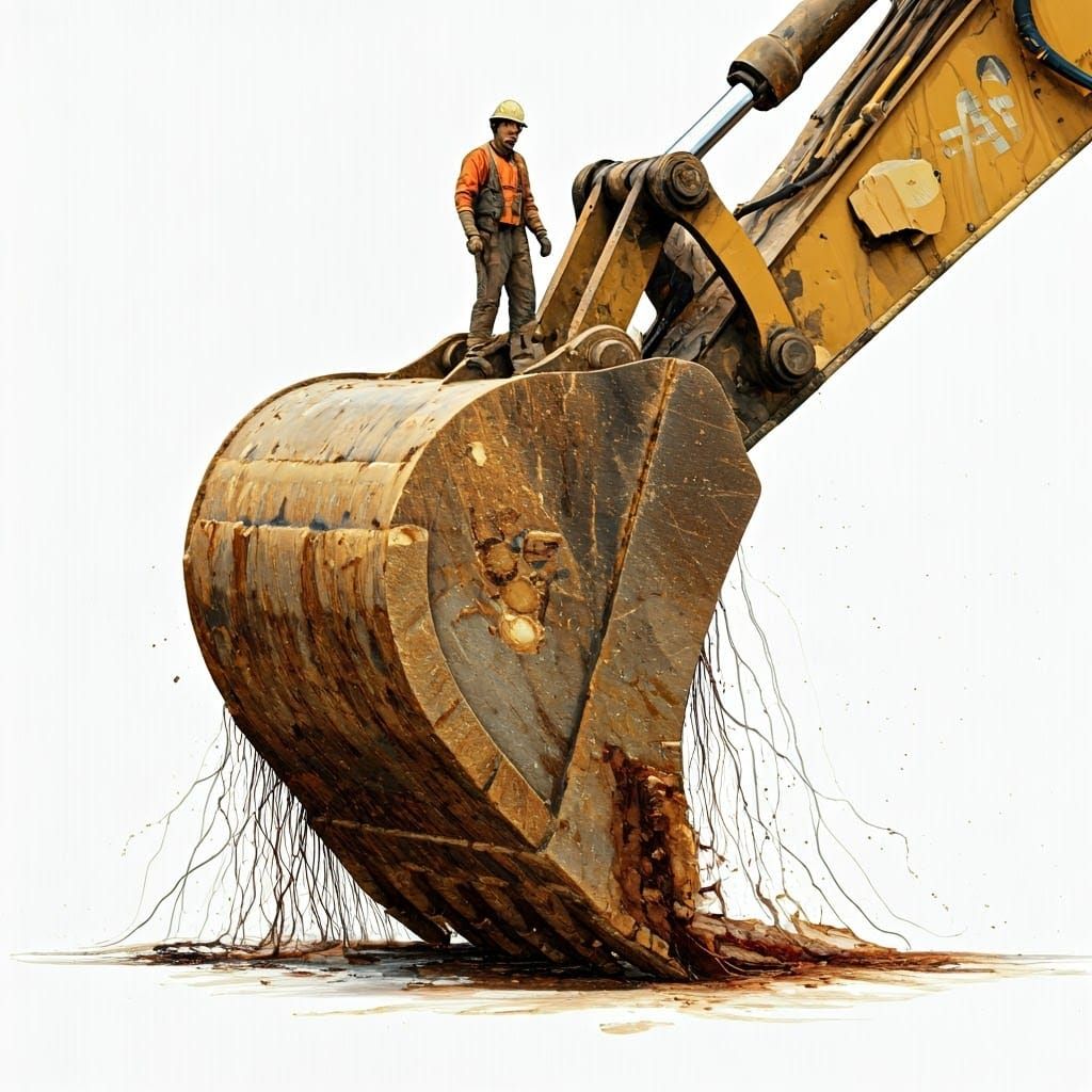 Lineman on Excavator with Arcing Wires, Alcohol Ink Style