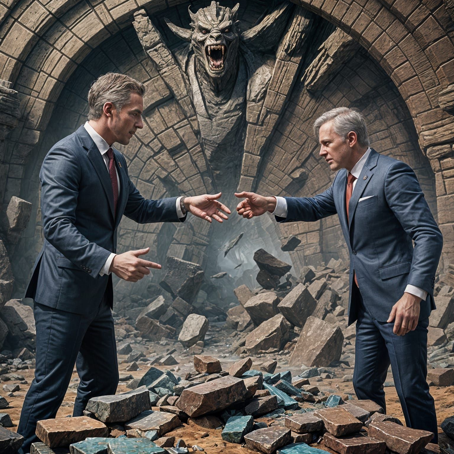 Politicians Play Rock-Paper-Scissors: Detailed Matte Paintin...