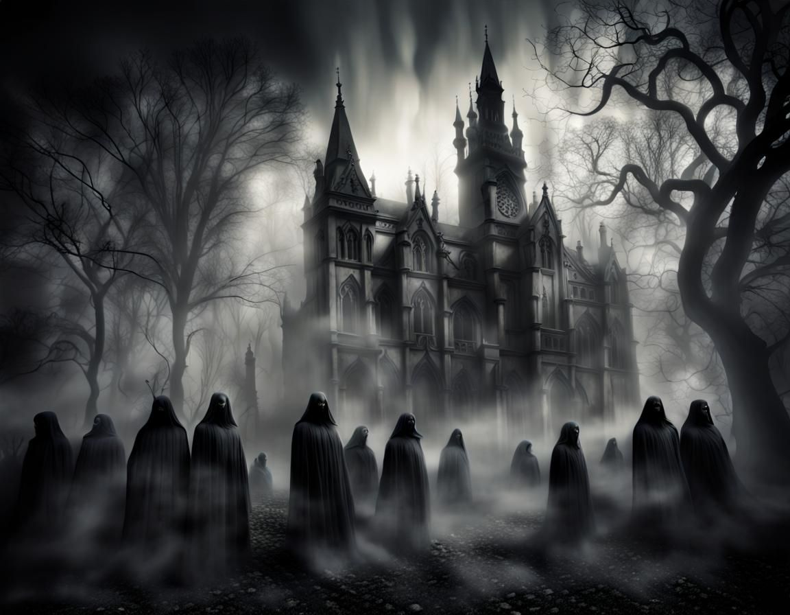 Gothic Dreamscape: Dark Figures in Misty Shadows
