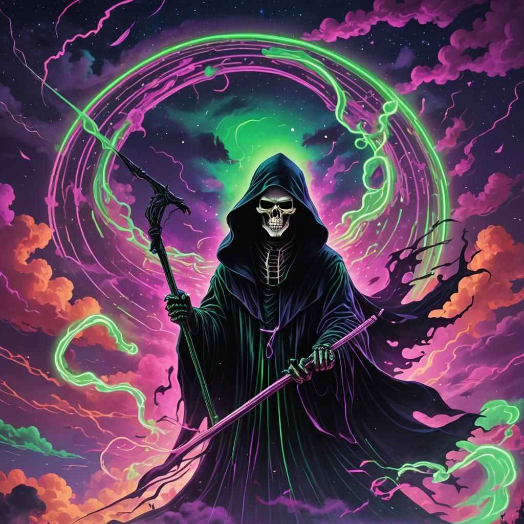 Psychedelic Grim Reaper in Neon Noir Style