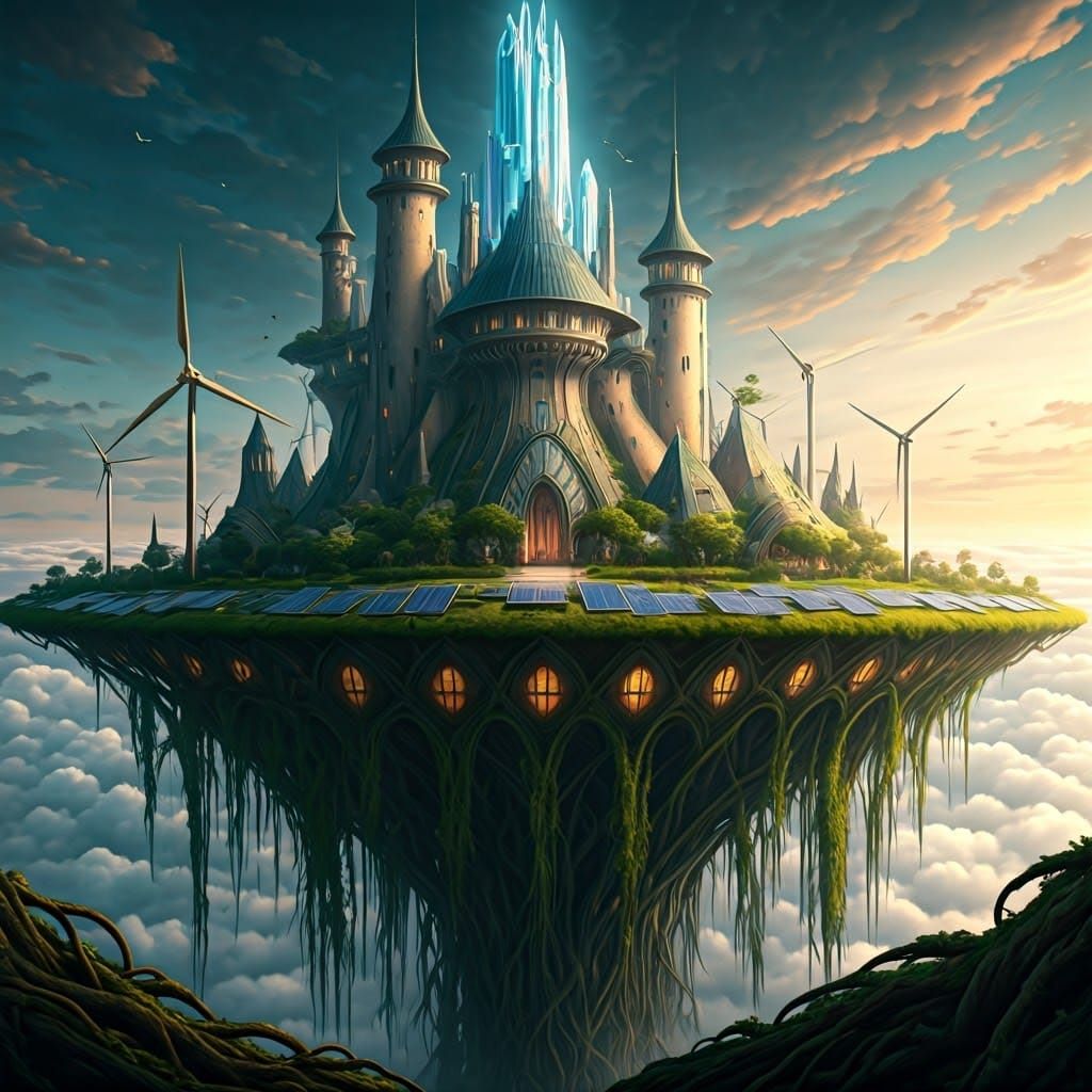 Surreal Futuristic Elven City Suspended Among Clouds