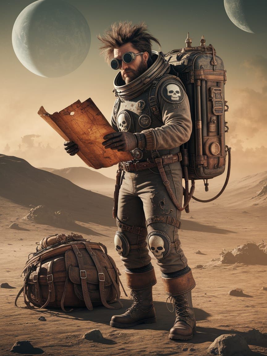 Post-Apocalyptic Astronaut on Lunar Landscape