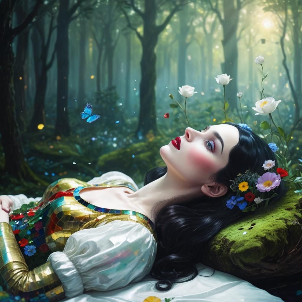 Snow White in Forest: Klimt-Inspired Astral Illustration