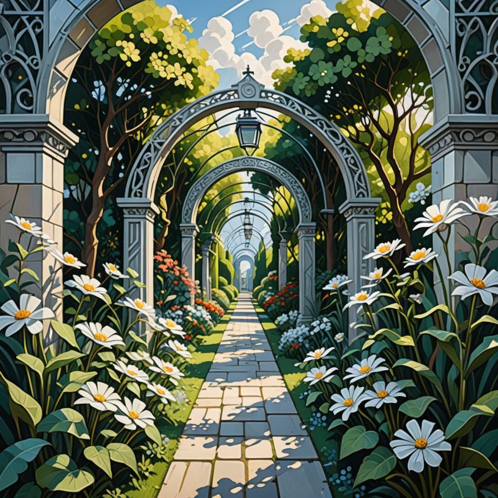 Cubist Garden Path with Silver Flowers