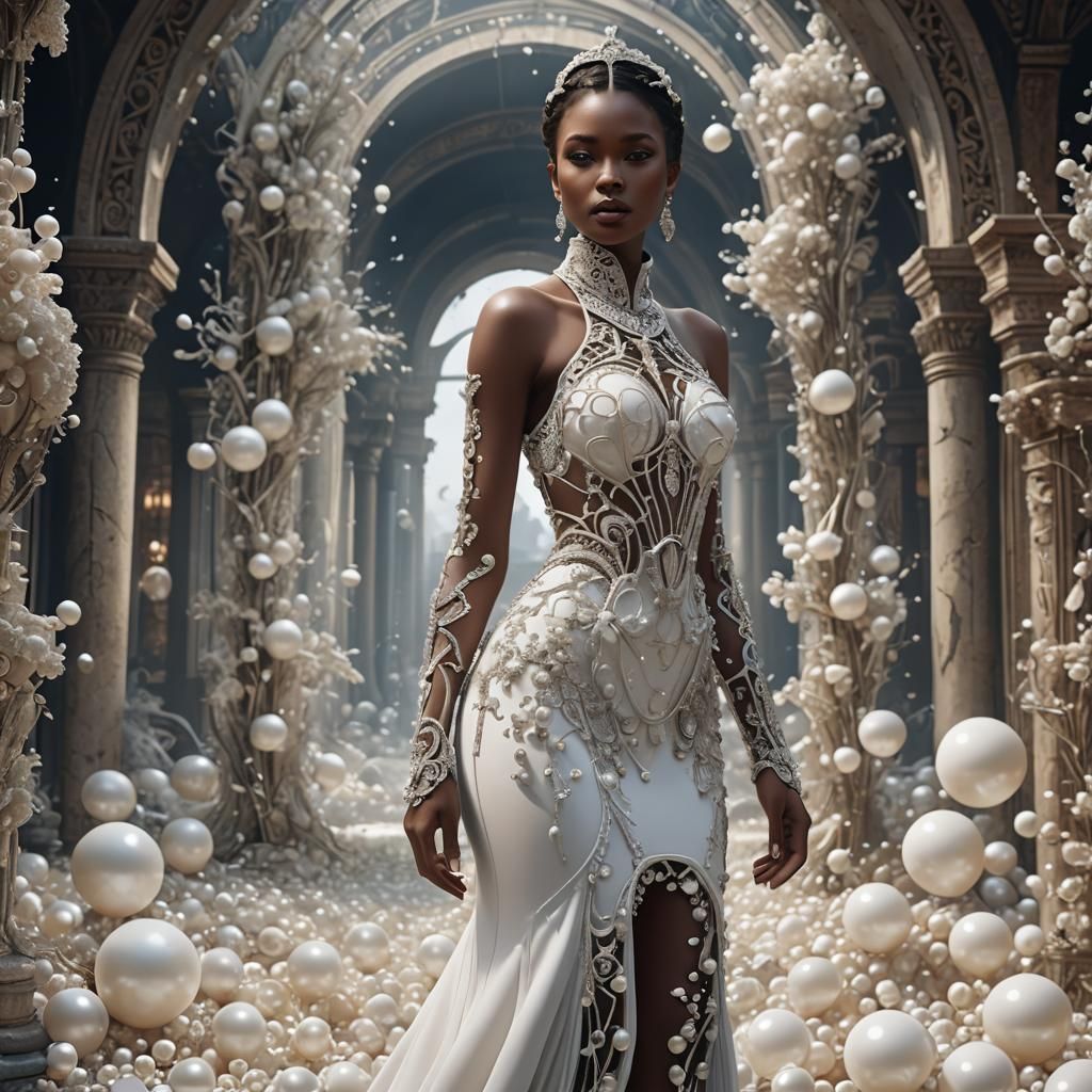 Model in Sheer Gown with Pearl Details