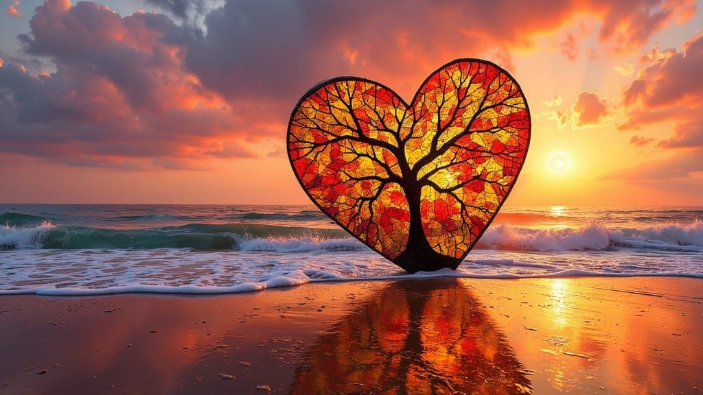 Heart Stained Glass on Beach at Sunset