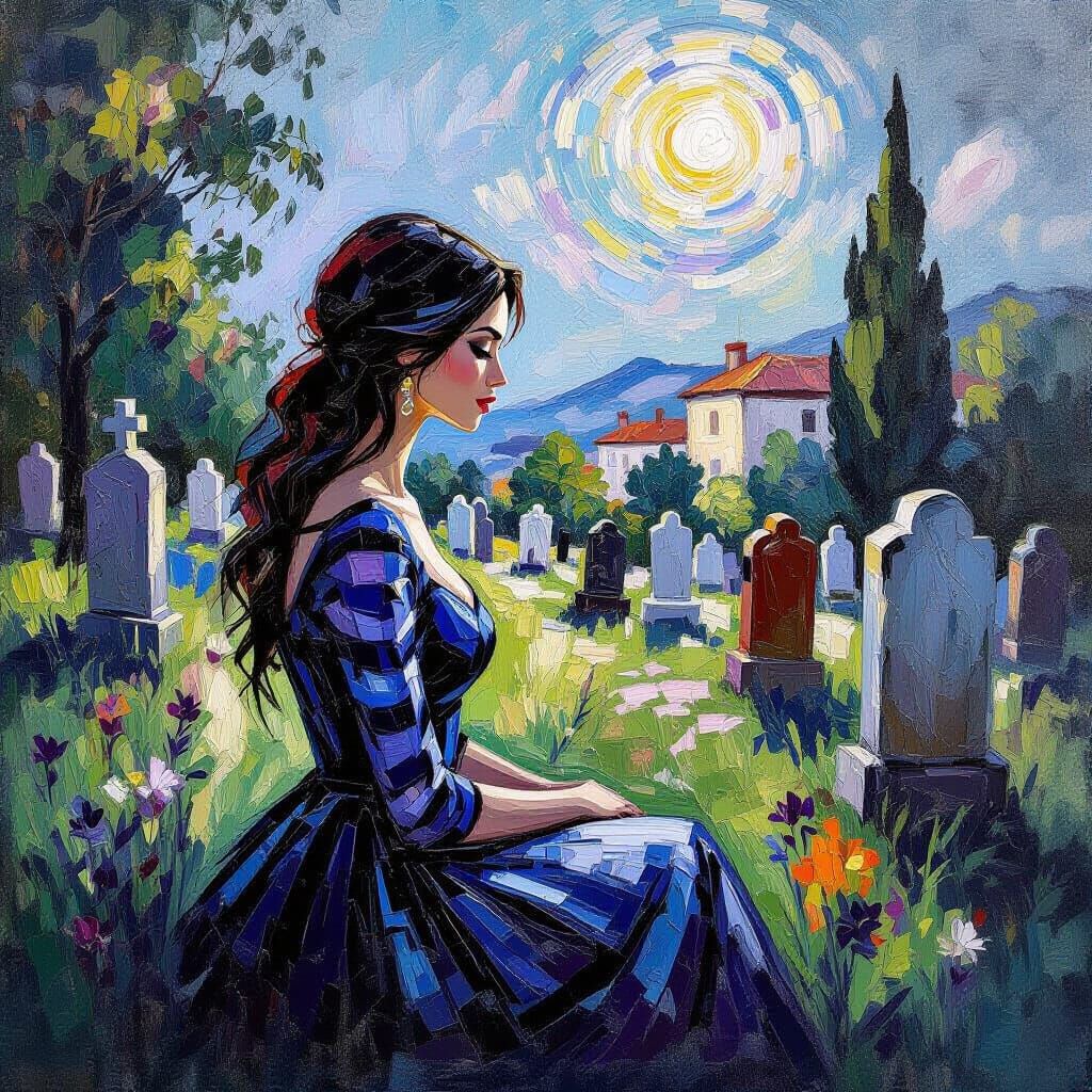 Woman in Cemetery: Neo-Impressionist Oil Painting