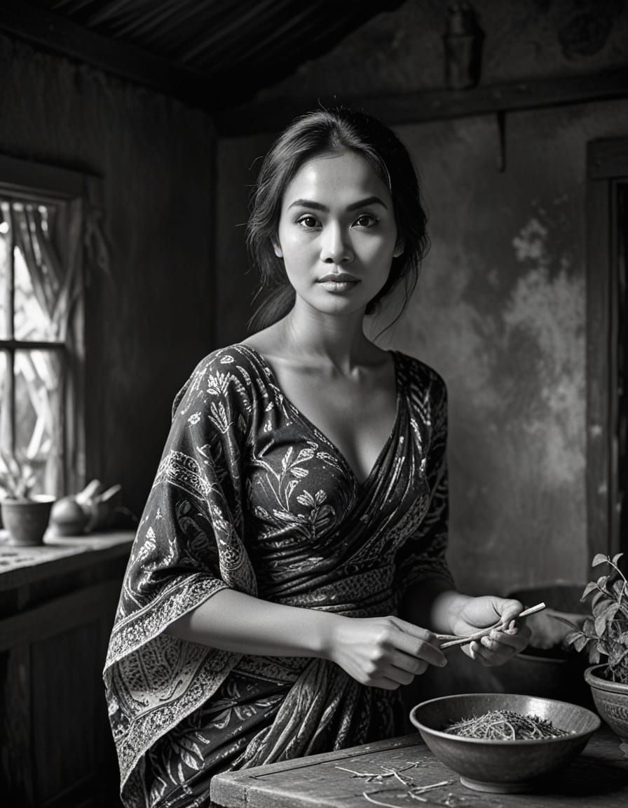 Vintage Portrait of Indonesian Woman Preparing Spells