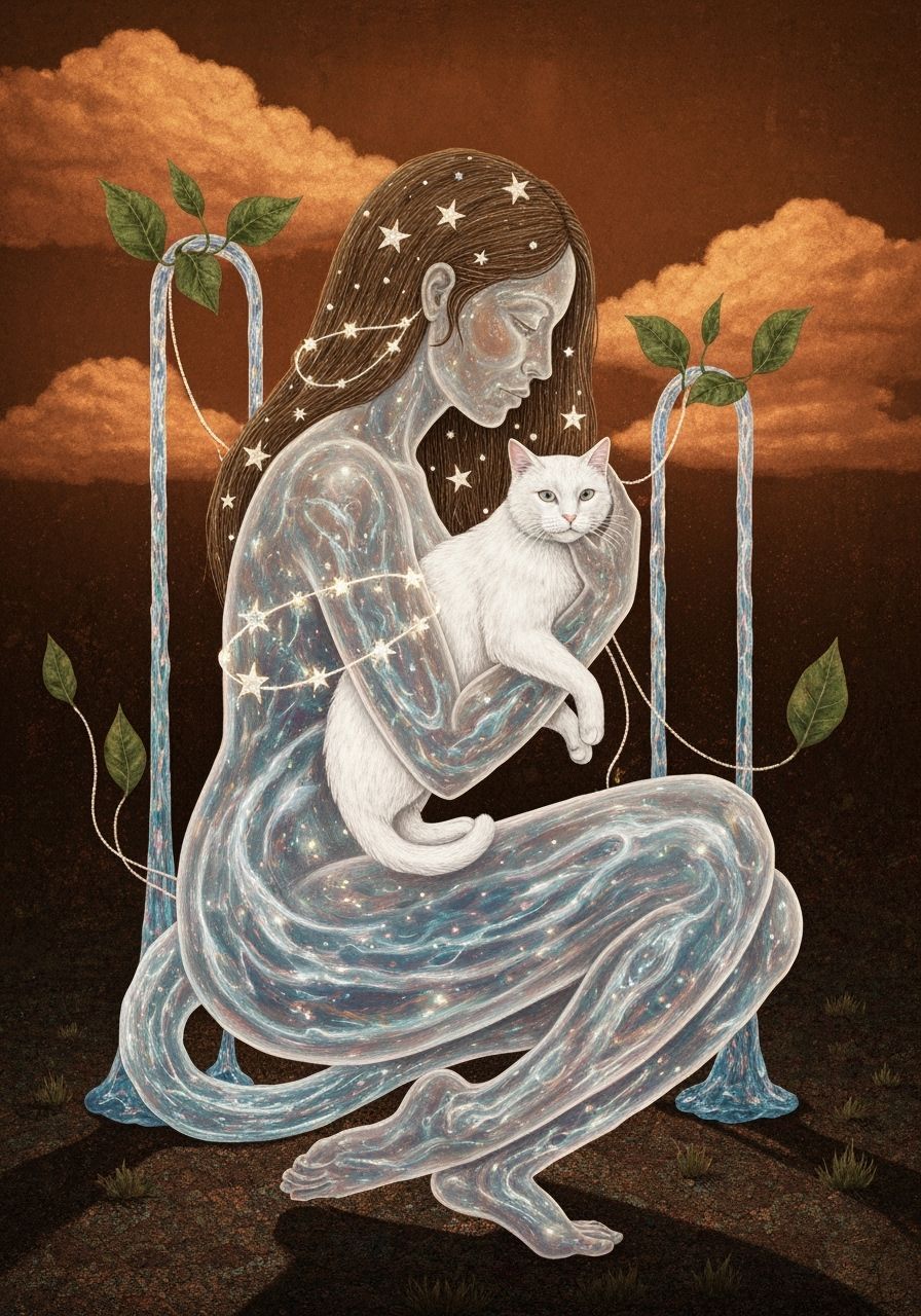 Ethereal Woman and Cat Amidst Cosmic Swirls