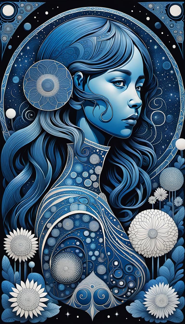 Cosmic Blue Woman in Art Nouveau Rococo Style
