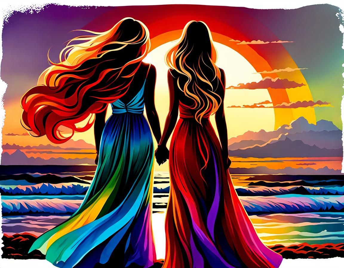 Rainbow Sunset: Two Women in Watercolor Style