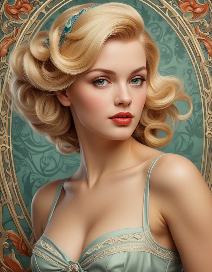 Blonde Pin-Up Woman in Art Nouveau Style