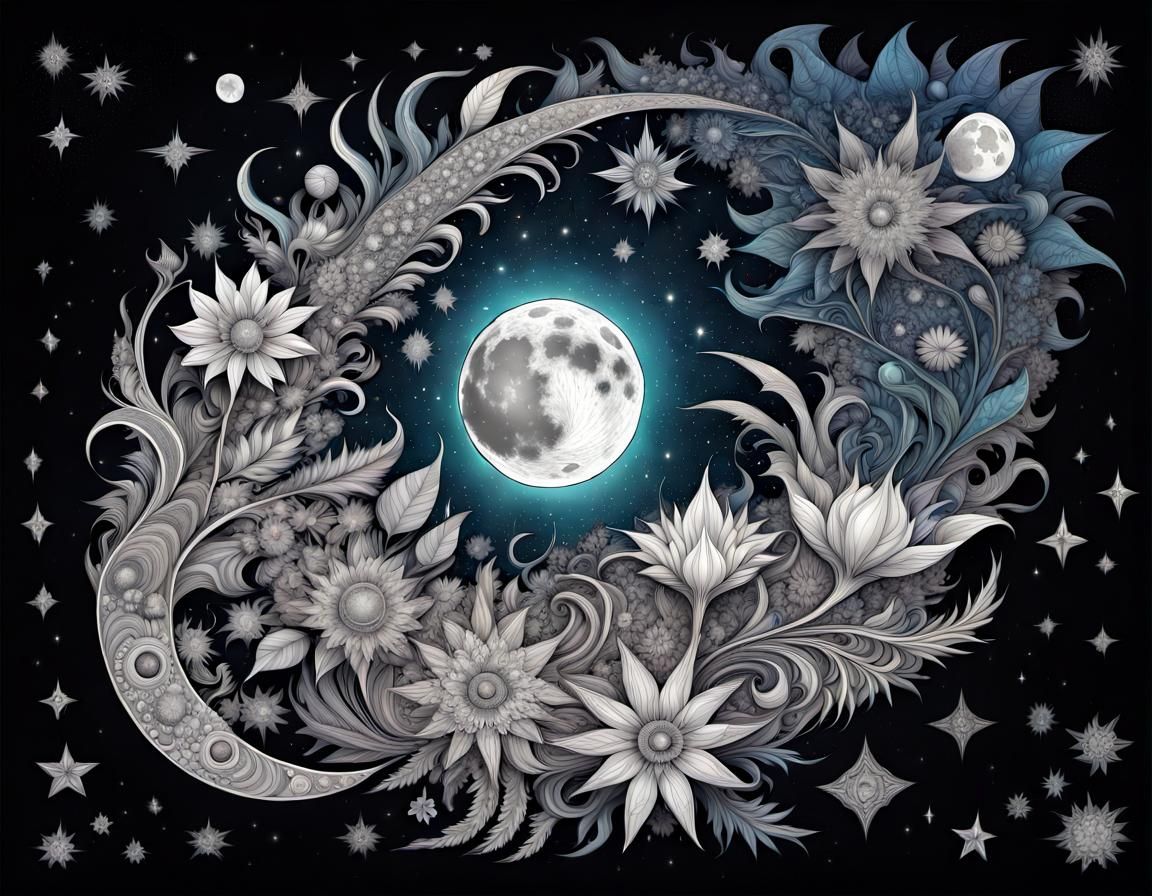 Cosmic Moon and Star Flowers in Fine Line Ink