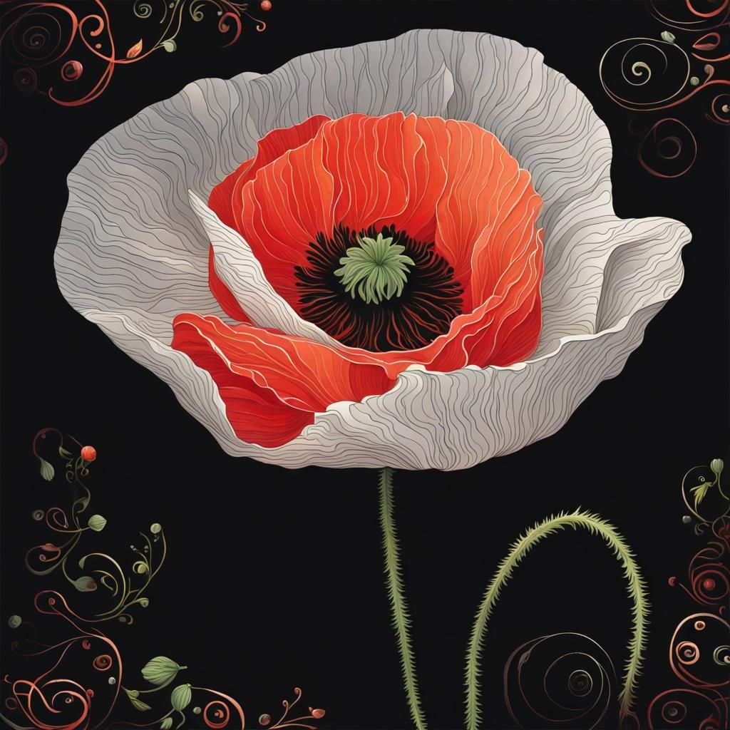 Poppy Flower with Colorful Swirls on Black