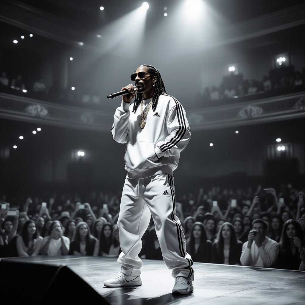 Snoop Dogg Performs in Grand Theatre, Black and White Style