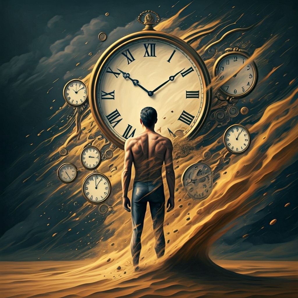 Man Confronts Unraveling Time in Surreal Scene