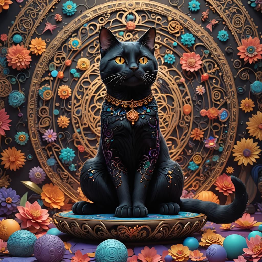 Black Cat in Yoga Pose as 3D Digital Art