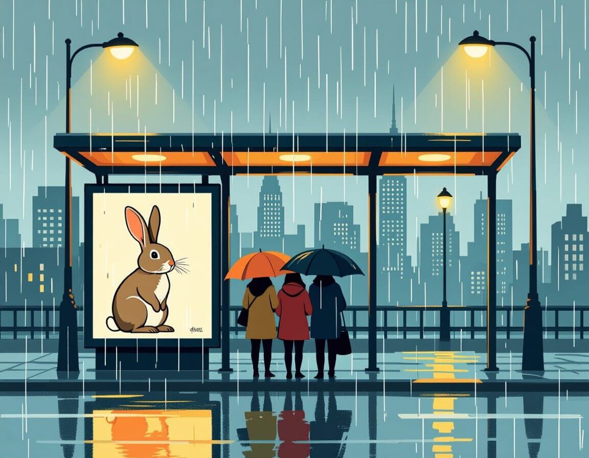 Vintage Style Rainy City Scene at Bus Stop